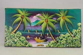20th C. Tropical Landscape with Boats, Sailboats