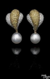 18K yellow gold diamond South Sea pearl earrings