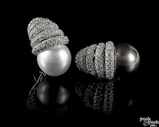 Pair of 18K white gold diamond and pearl earrings