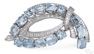 Platinum aquamarine and diamond brooch