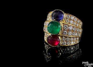 18K yellow gold sapphire, ruby and emerald ring
