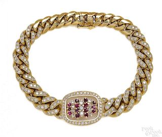 18K yellow gold diamond and ruby link bracelet