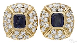 Pair of 18K yellow gold sapphire diamond earrings