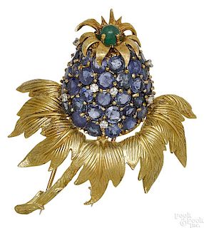 18K yellow gold sapphire, diamond, emerald brooch