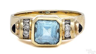 14K yellow gold aquamarine diamond sapphire ring
