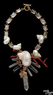 Quartz, coral and shell necklace