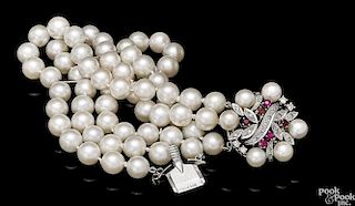 14K white gold 3-strand cultured pearl bracelet