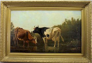 Large Finely Painted 1882 Ptg of Cows Near River