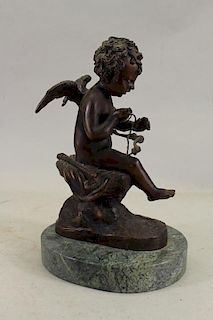 Signed French Bronze Cherubic Figure, Marble Base