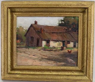 American School, Early 20th C. Painting of a Cabin