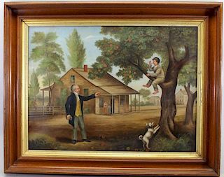 American School 1850's Painting of Child in Tree