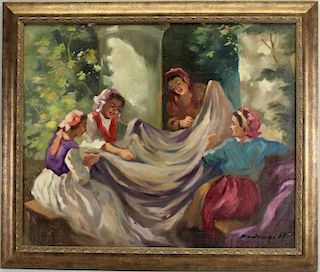 Signed, 20th C. Painting of Seamstresses