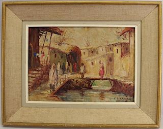 Signed, Impressionist Ptg of Figures Near Canal