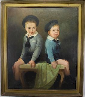 American, Painting of 2 Young Boys in Navy Hats