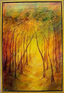 Large American School Painting of Wooded Landscape