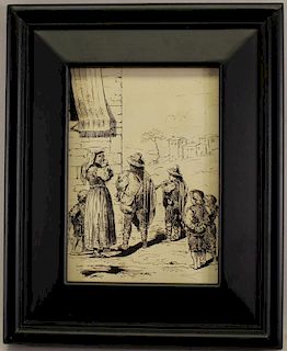 After Rembrandt Etching, Figures Near a Village