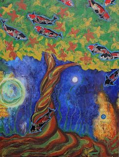 Large Modernist Painting of a Moonlit Tree w/ Fish