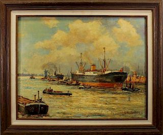 Signed, Early 20th C. Painting of a Harbor Scene