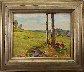 20th C. Oil on Board Landscape with Figures