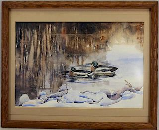 1986 Watercolor of Mallards in a River, Signed