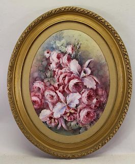 Signed, American School Oval Painting of Flowers