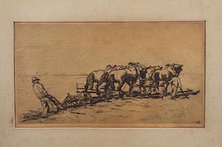 Signed, 19th C. Etching of Farmers Plowing