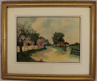 Signed 20th C. Watercolor of a Village Lane