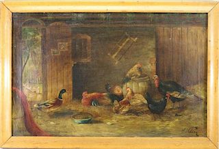 Signed Villon, Interior Barn Scene with Chickens