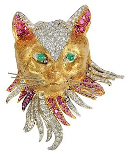 18kt. Diamond, Ruby & Emerald Cat Brooch