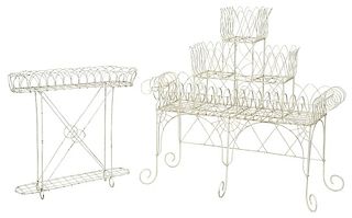 Two White Painted Wire Work Plant Stands