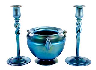 Pair Steuben Blue Aurene Candlesticks and Vase