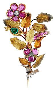 18kt. Ruby & Emerald Flower Brooch