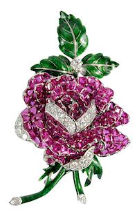 Platinum, Diamond, Ruby & Enamel Flower Brooch