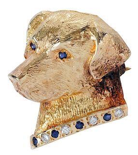14kt. Diamond & Sapphire Dog Head Brooch