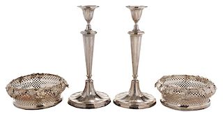Pair Silver-plated Candlesticks and Coasters