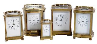 Five Brass and Beveled Glass Carriage Clocks