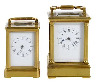 Two Gilt Brass and Beveled Glass Carriage Clocks