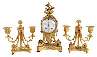 Louis XVI Style Gilt Bronze Clock Garniture Set