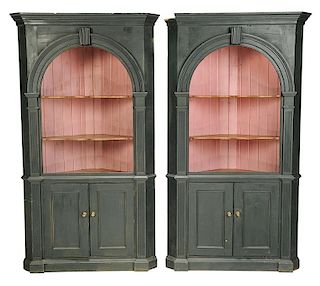 Pair Chippendale Style Painted Corner Cupboards