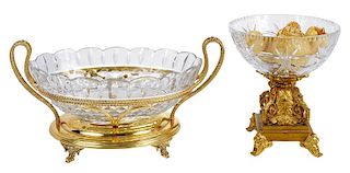 Two Glass and Brass Centerbowls With Glass Fruit