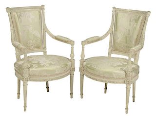 Pair Louis XVI Style Upholstered Arm Chairs