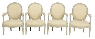 Set Four Louis XVI Style Decorated Arm Chairs