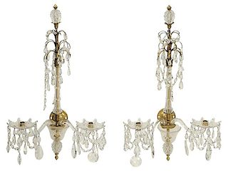 Pair Louis XVI Style Bronze and Crystal Sconces
