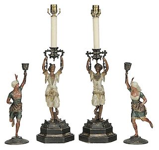 Four Orientalist Cold Painted Candlesticks