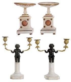 Pair Putti Candelabra and Alabaster Compotes