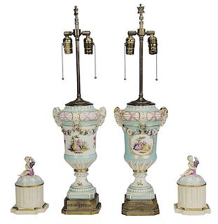 Pair Meissen Style Lamps with Putti Lids