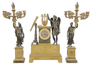 Empire Gilt Bronze Clock Garniture Set