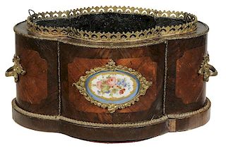 French Burlwood Jardiniere with Porcelain Insert