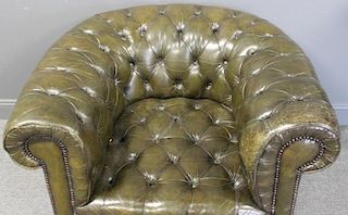 Antique Green Leather Chesterfield Club Chair.