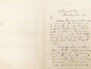DICKENS, CHARLES. Autographed letter signed (Charles Dickens), 2 pp, on a bifolium, 15 Furnival Inn, [c. 1837].